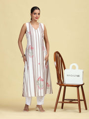 Off White Handloom Cotton Floral Embroidered Sleeveless Kurta