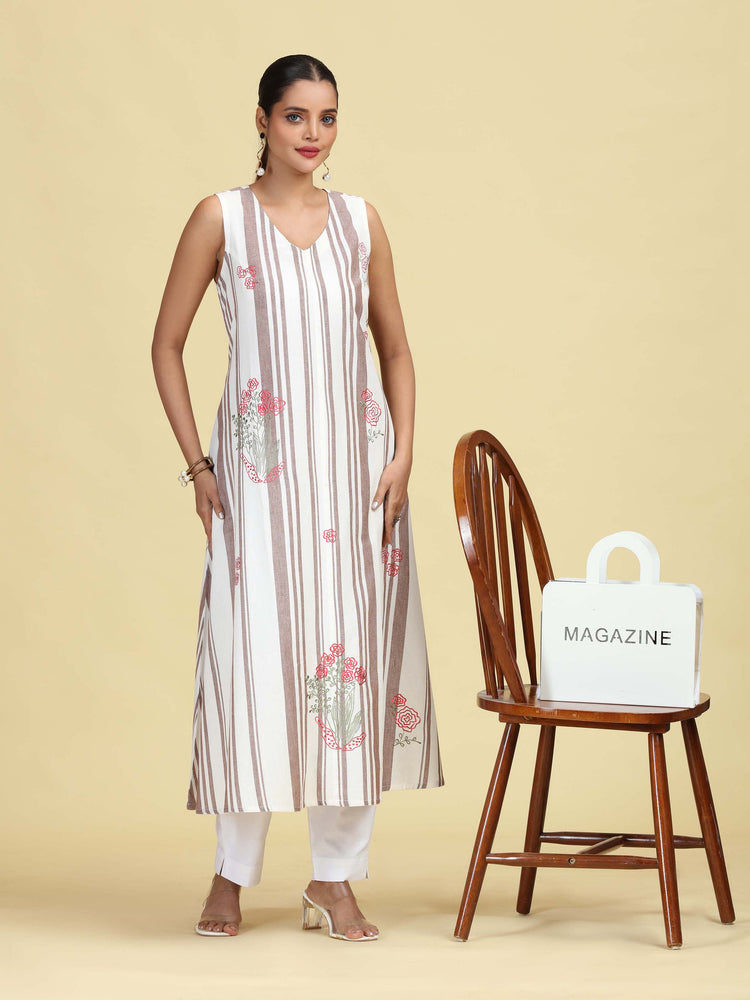 Off White Handloom Cotton Floral Embroidered Sleeveless Kurta
