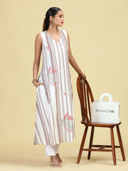Off White Handloom Cotton Floral Embroidered Sleeveless Kurta