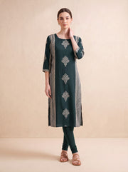 Bottle Green Traditional Floral Block Print Kurta