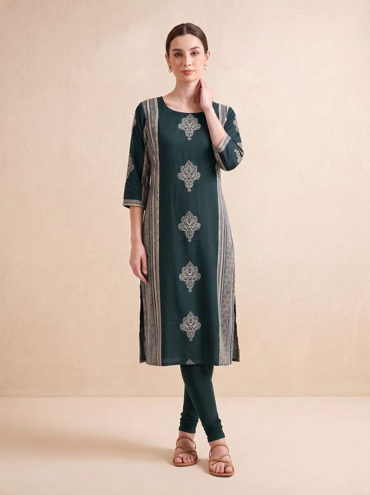Bottle Green Traditional Floral Block Print Kurta