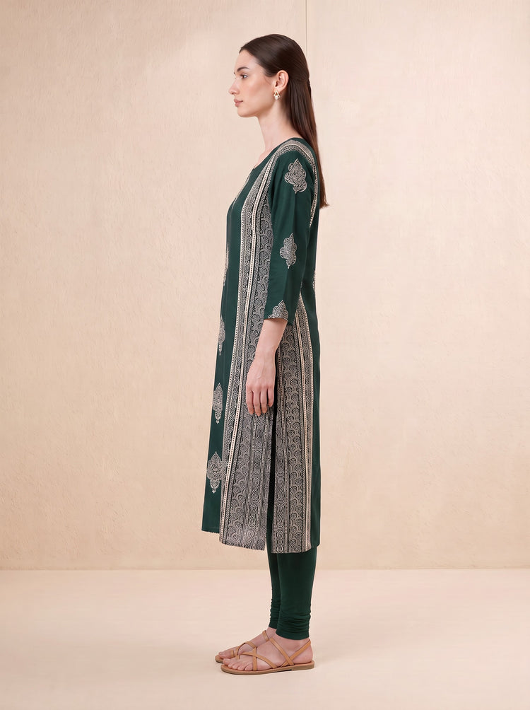 Bottle Green Traditional Floral Block Print Kurta