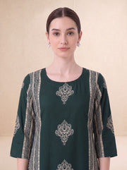 Bottle Green Traditional Floral Block Print Kurta