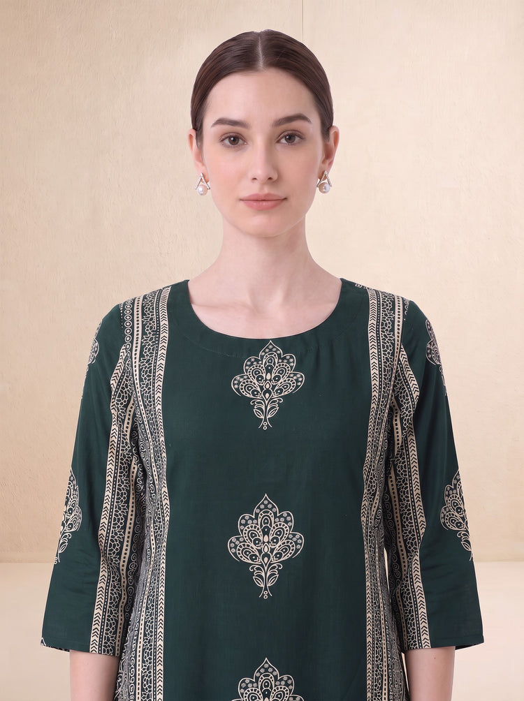 Bottle Green Traditional Floral Block Print Kurta