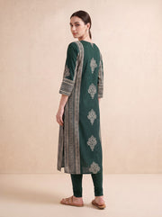 Bottle Green Traditional Floral Block Print Kurta