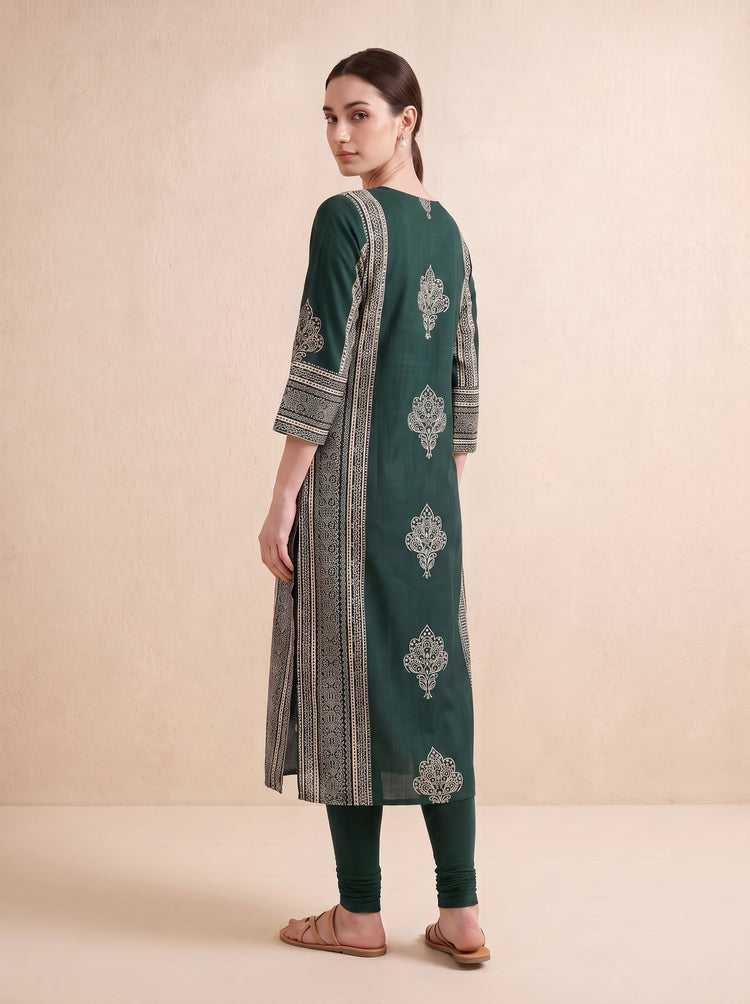 Bottle Green Traditional Floral Block Print Kurta