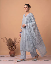 Sky Blue Pure Cotton Printed Ethnic Suit Set with Dupatta