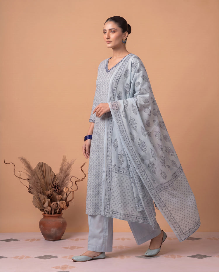 Sky Blue Pure Cotton Printed Ethnic Suit Set with Dupatta