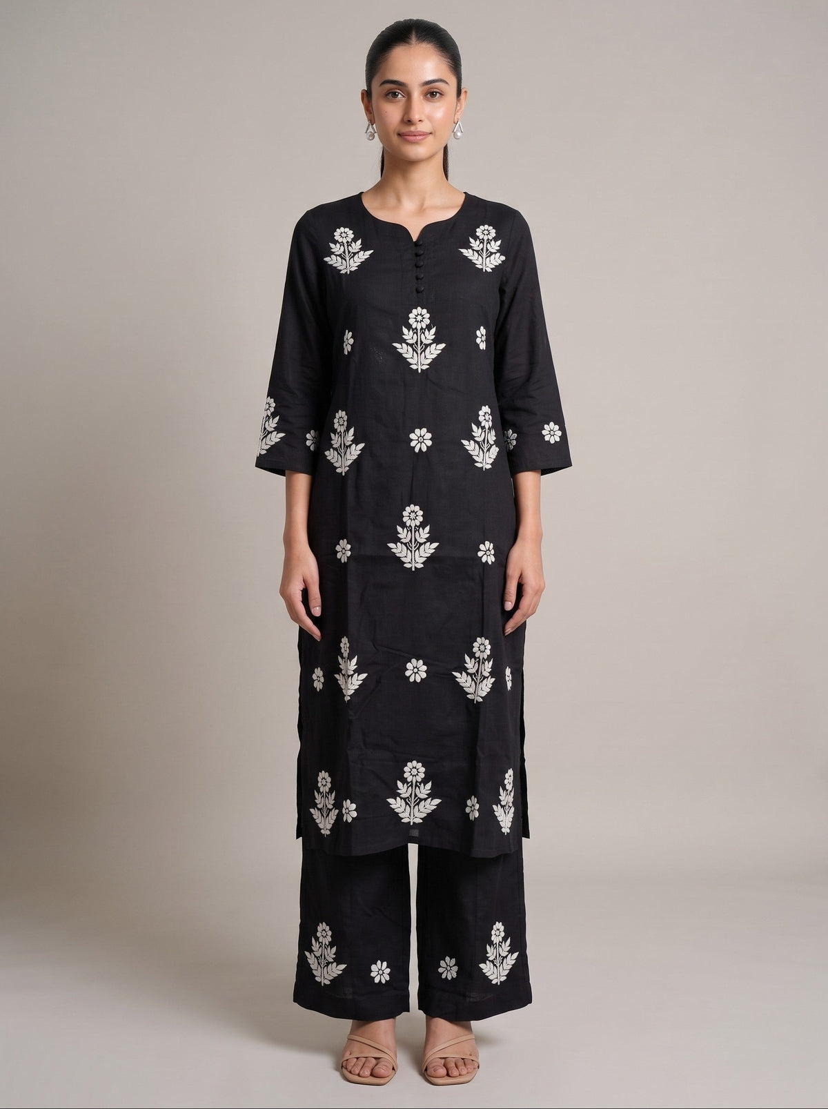 Black Cotton Floral Embroidery Kurta Palazzo Co-ord Set