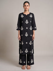 Black Cotton Floral Embroidery Kurta Palazzo Co-ord Set