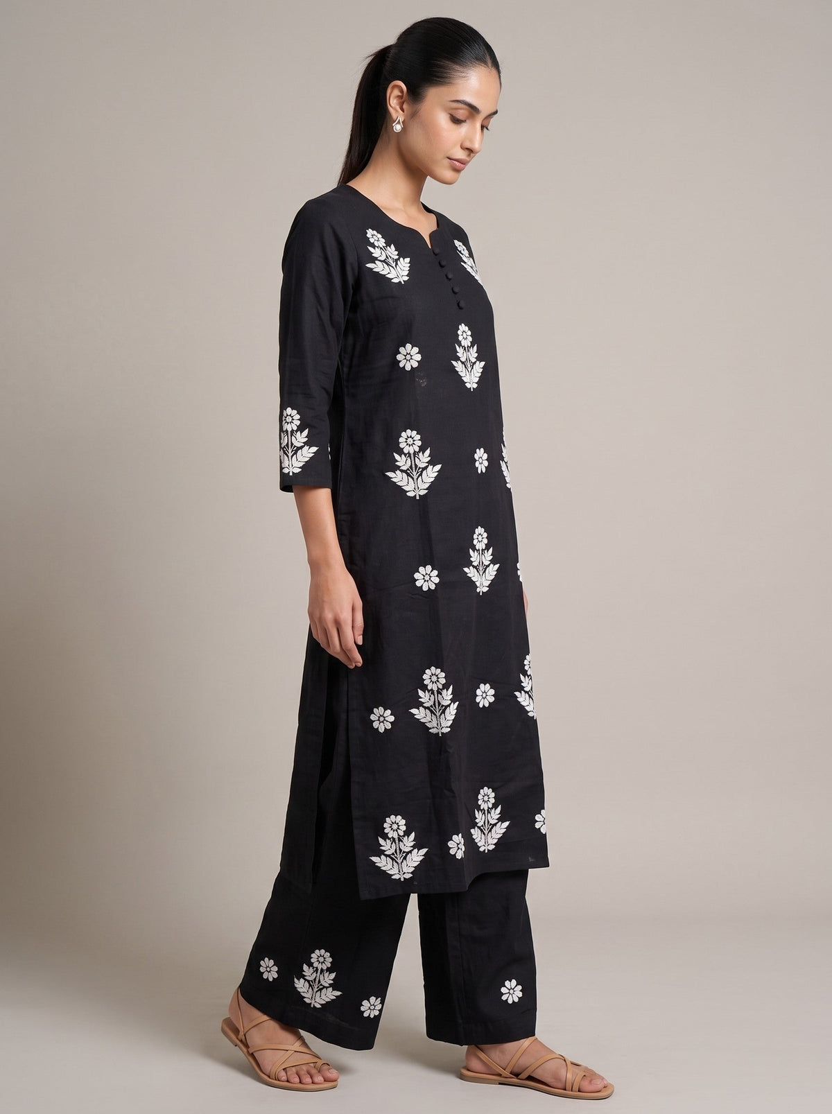Black Cotton Floral Embroidery Kurta Palazzo Co-ord Set