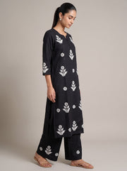 Black Cotton Floral Embroidery Kurta Palazzo Co-ord Set