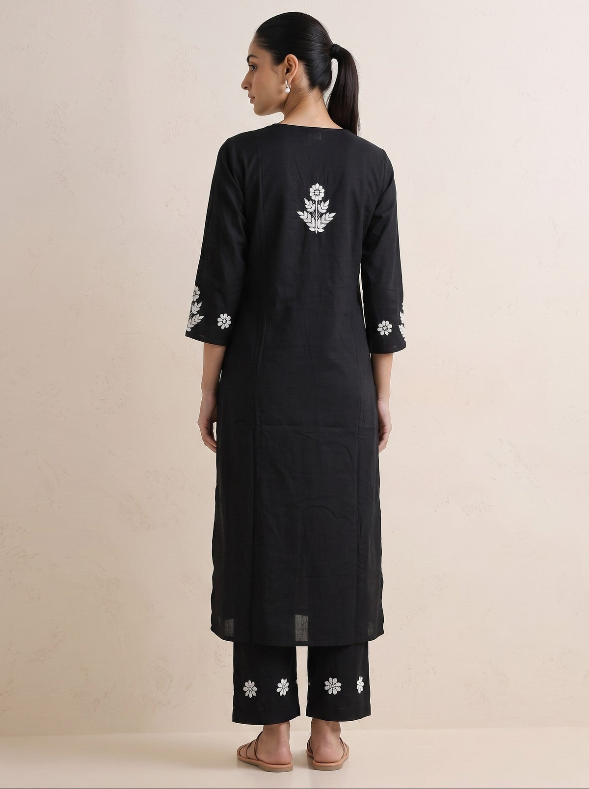 Black Cotton Floral Embroidery Kurta Palazzo Co-ord Set