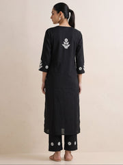 Black Cotton Floral Embroidery Kurta Palazzo Co-ord Set