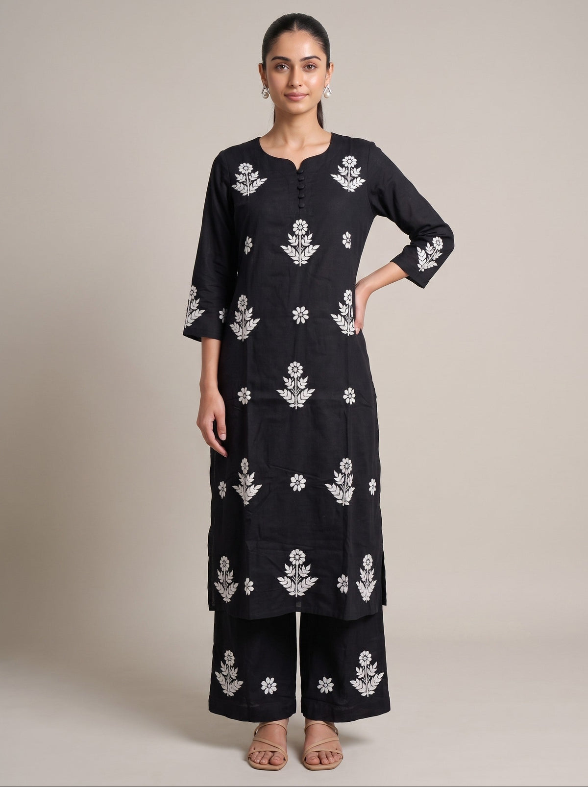 Black Cotton Floral Embroidery Kurta Palazzo Co-ord Set