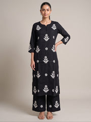 Black Cotton Floral Embroidery Kurta Palazzo Co-ord Set