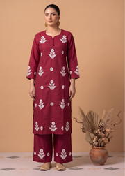 Maroon Cotton Floral Embroidery Kurta Palazzo Co-ord Set