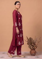 Maroon Cotton Floral Embroidery Kurta Palazzo Co-ord Set