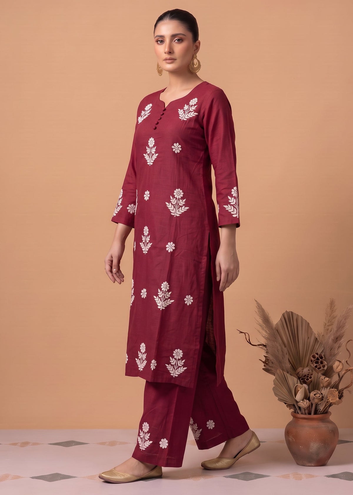 Maroon Cotton Floral Embroidery Kurta Palazzo Co-ord Set