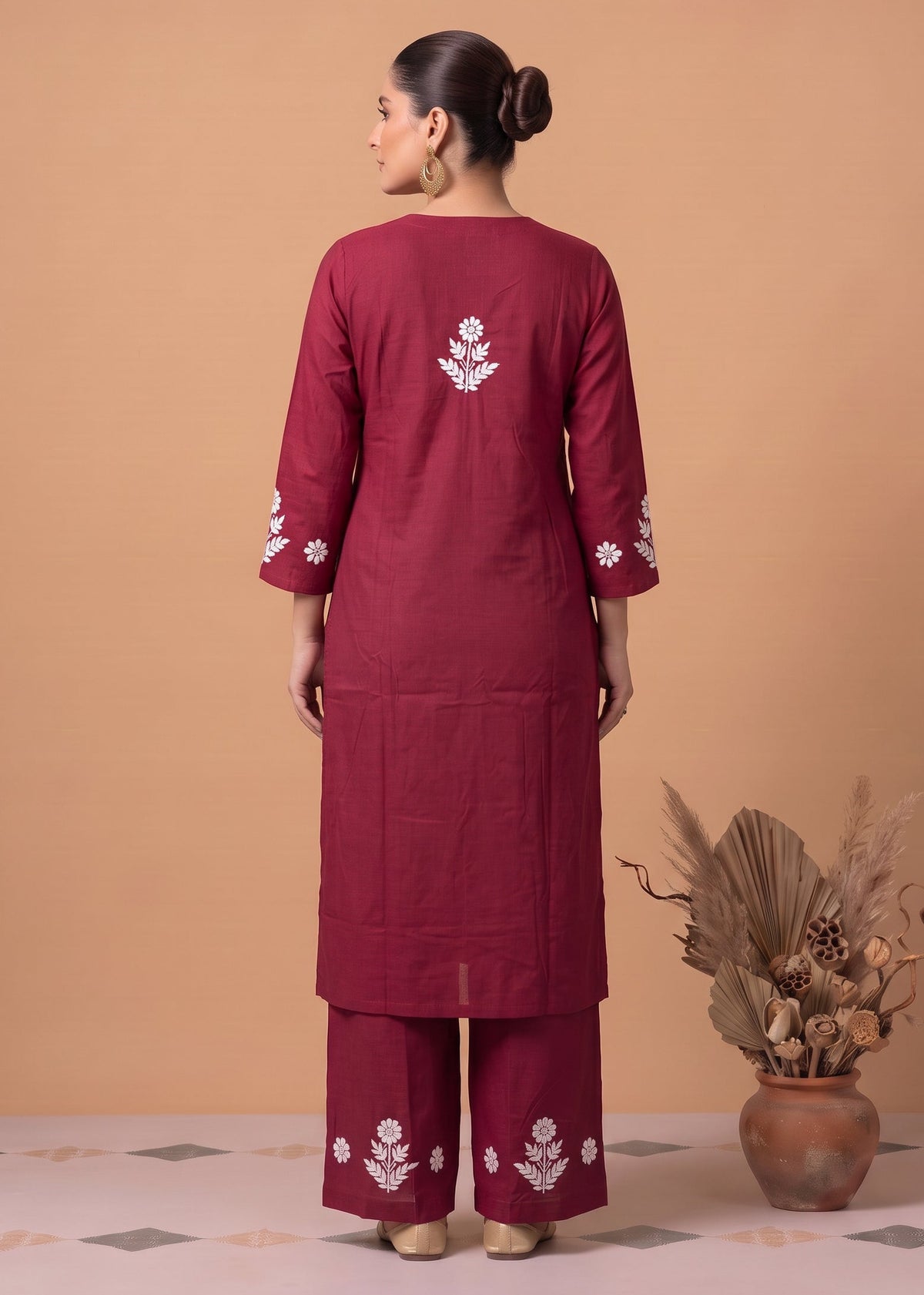 Maroon Cotton Floral Embroidery Kurta Palazzo Co-ord Set