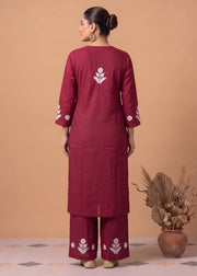 Maroon Cotton Floral Embroidery Kurta Palazzo Co-ord Set