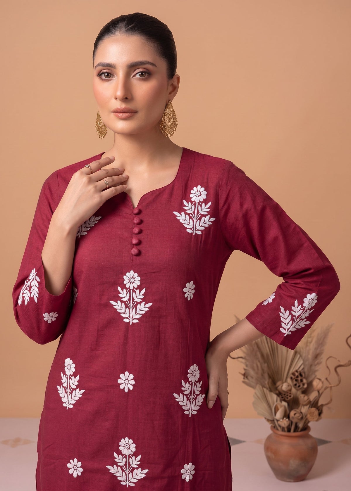Maroon Cotton Floral Embroidery Kurta Palazzo Co-ord Set
