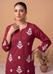 Maroon Cotton Floral Embroidery Kurta Palazzo Co-ord Set