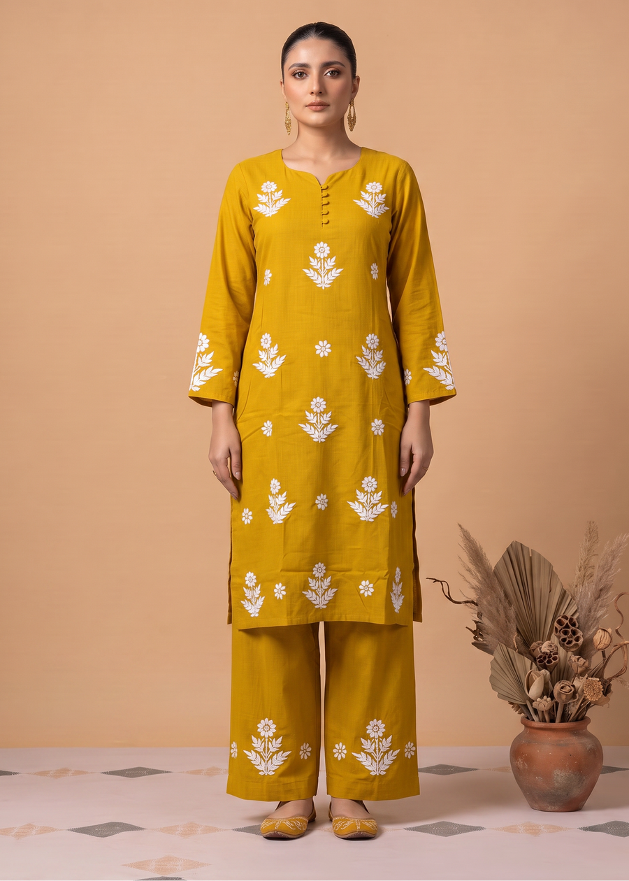 Yellow Cotton Floral Embroidery Kurta Palazzo Co-ord Set