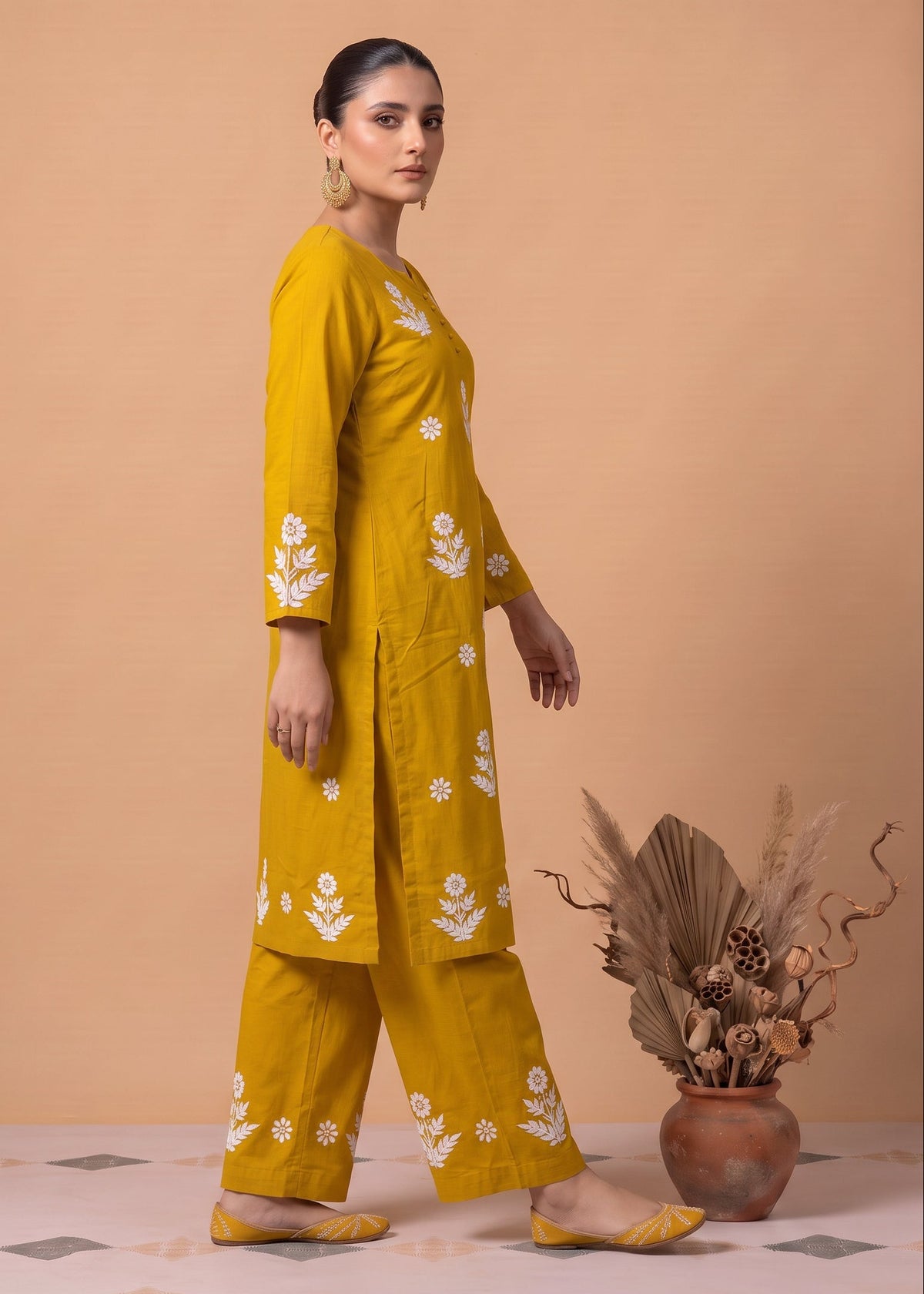 Yellow Cotton Floral Embroidery Kurta Palazzo Co-ord Set