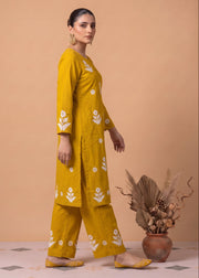 Yellow Cotton Floral Embroidery Kurta Palazzo Co-ord Set