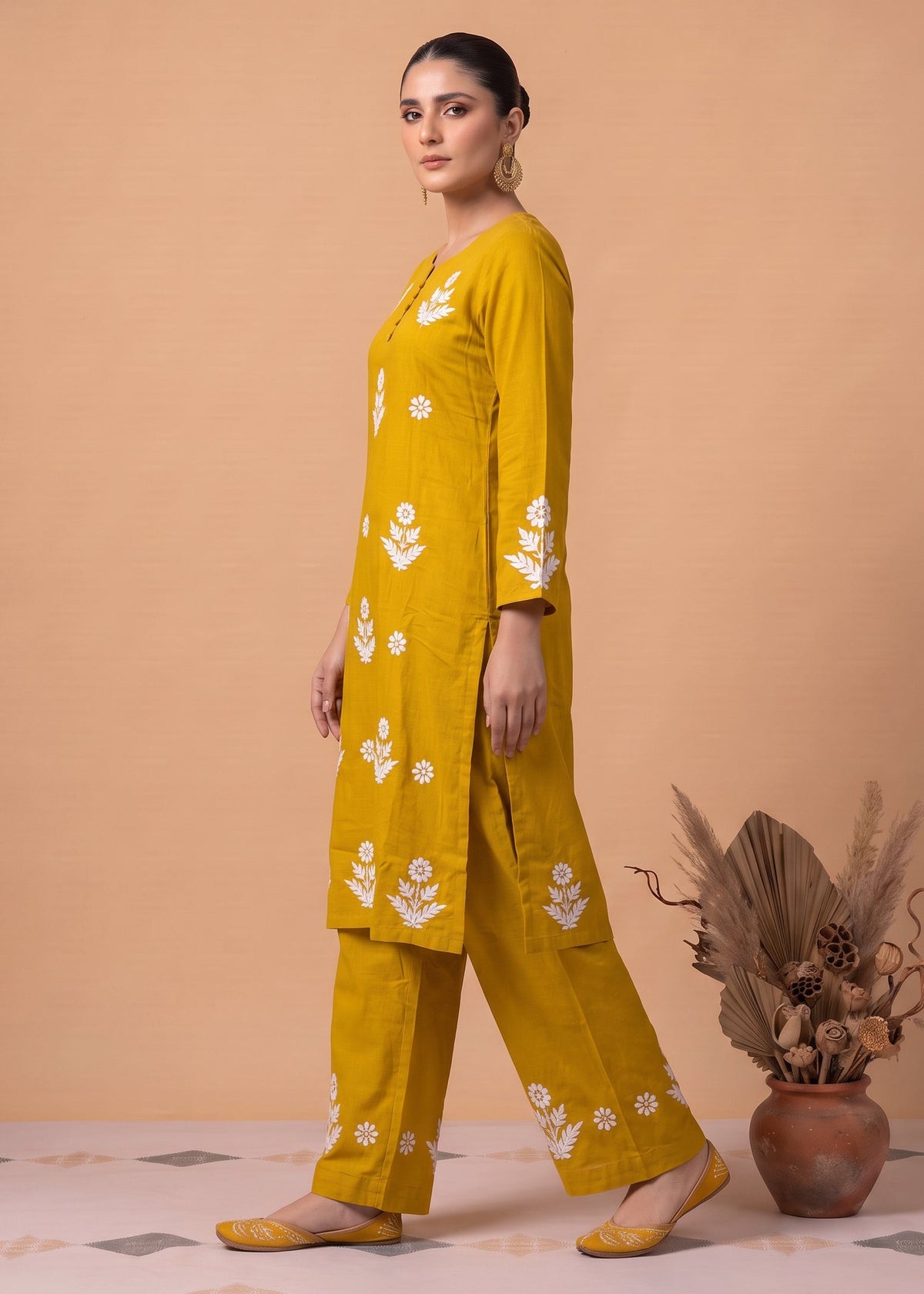 Yellow Cotton Floral Embroidery Kurta Palazzo Co-ord Set