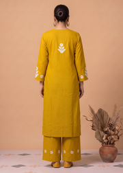 Yellow Cotton Floral Embroidery Kurta Palazzo Co-ord Set