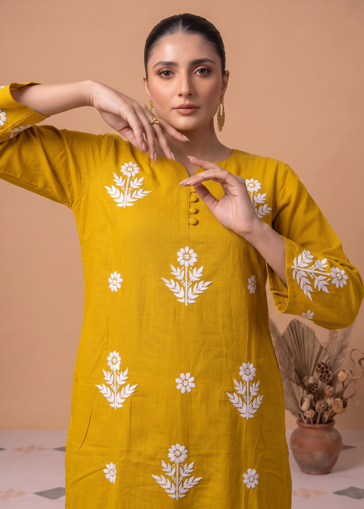 Yellow Cotton Floral Embroidery Kurta Palazzo Co-ord Set