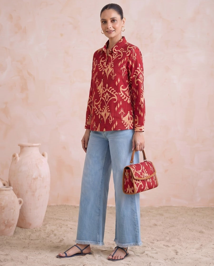 Red Abstract Print Pure Cotton Short Kurti