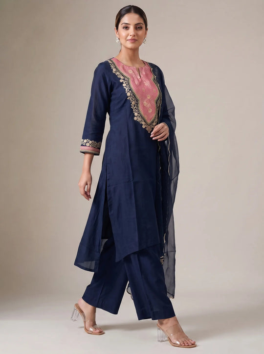 Navy Blue Embroidered Straight Ethnic Suit Set