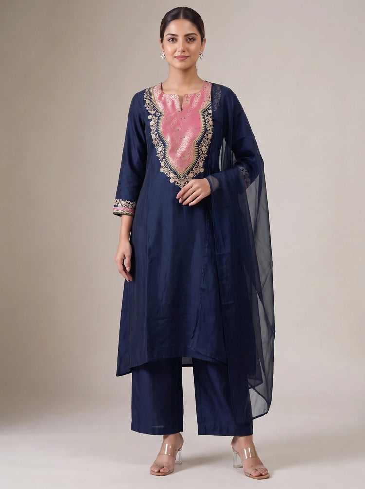 Navy Blue Embroidered Straight Ethnic Suit Set