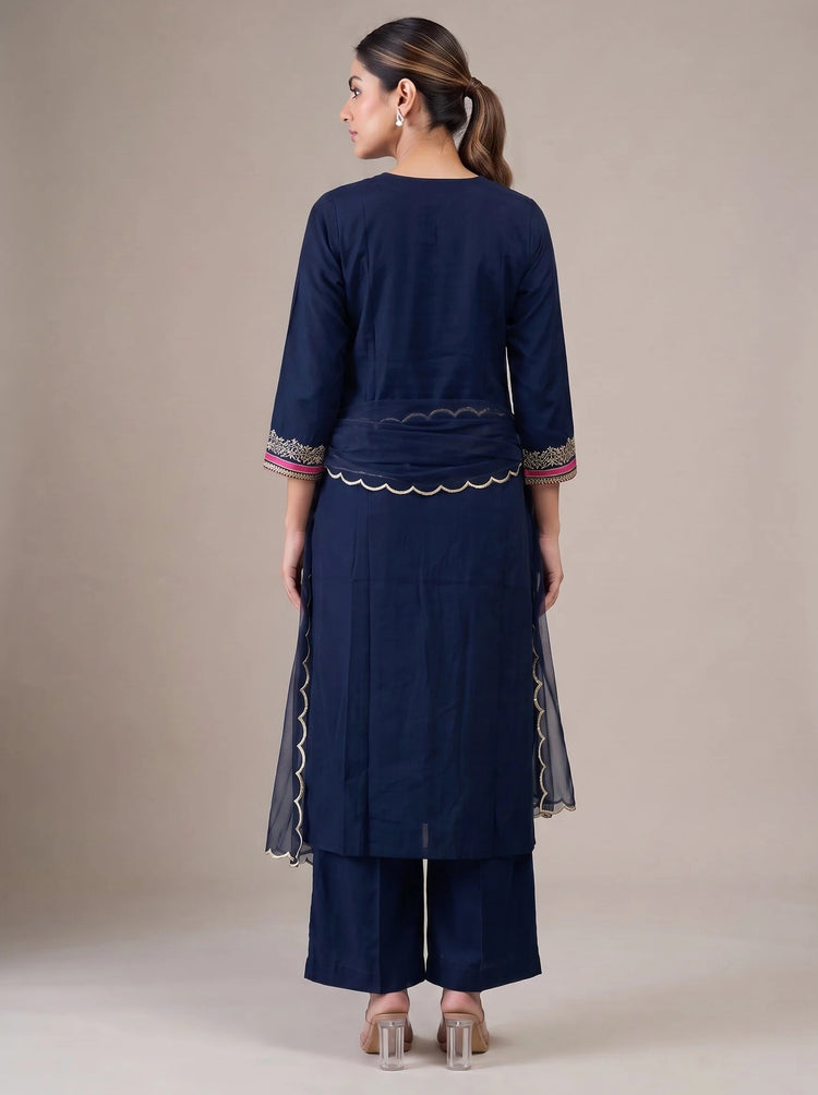 Navy Blue Embroidered Straight Ethnic Suit Set