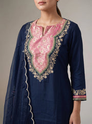 Navy Blue Embroidered Straight Ethnic Suit Set