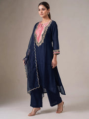 Navy Blue Embroidered Straight Ethnic Suit Set