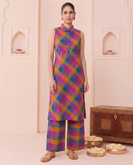 Multicolor Handloom Cotton Checks Co-ord Set