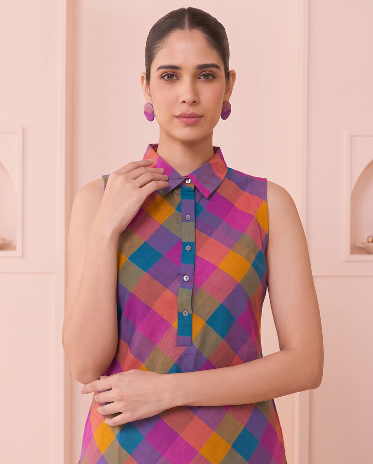 Multicolor Handloom Cotton Checks Co-ord Set