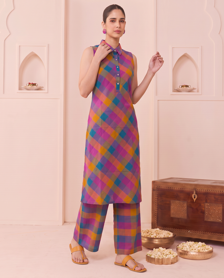 Multicolor Handloom Cotton Checks Co-ord Set