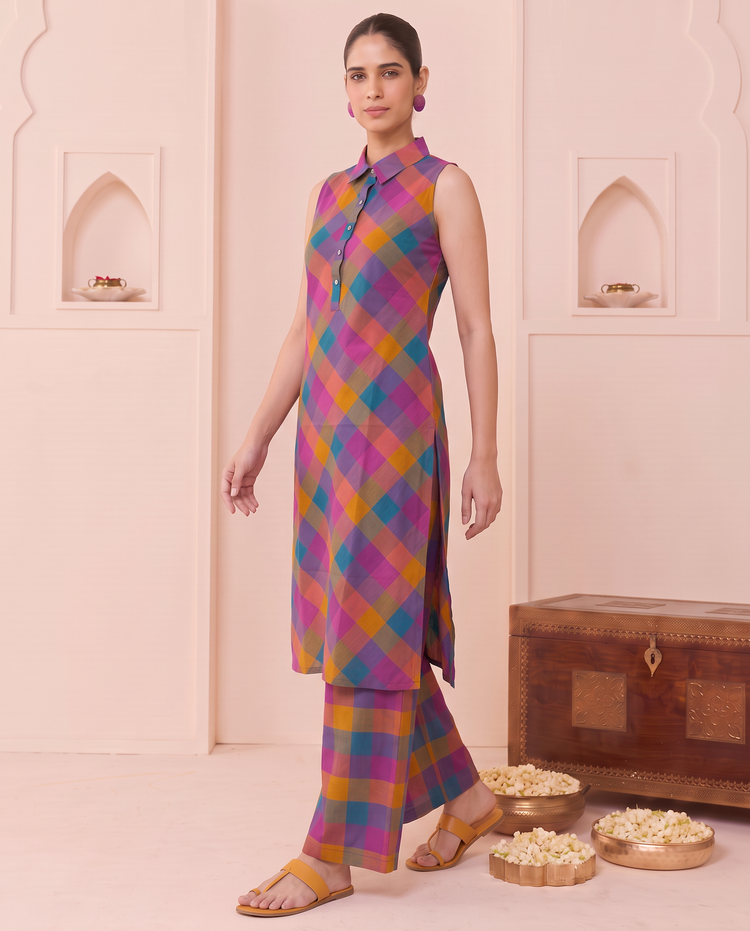 Multicolor Handloom Cotton Checks Co-ord Set