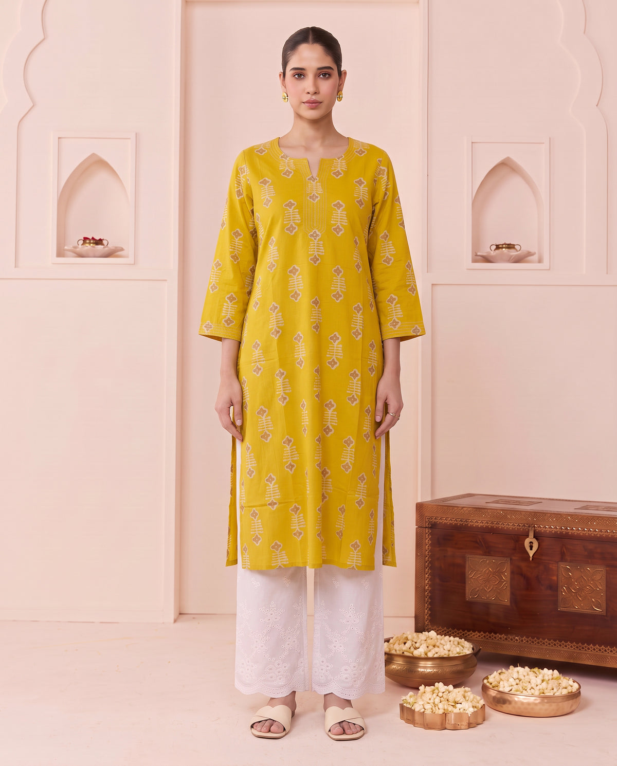 Mustard Geometric Motif Pure Cotton Kurta