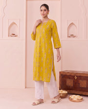 Mustard Geometric Motif Pure Cotton Kurta