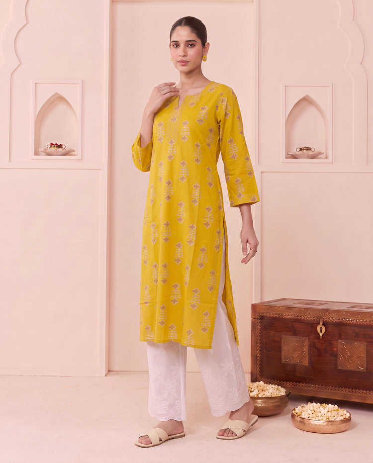 Mustard Geometric Motif Pure Cotton Kurta