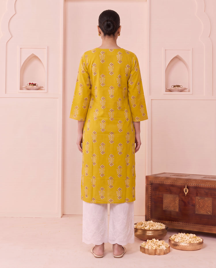 Mustard Geometric Motif Pure Cotton Kurta