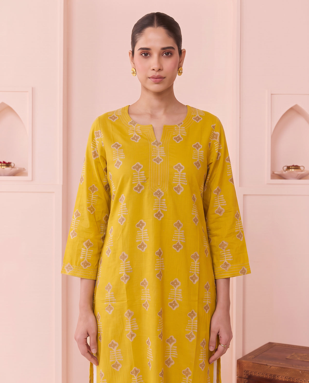 Mustard Geometric Motif Pure Cotton Kurta