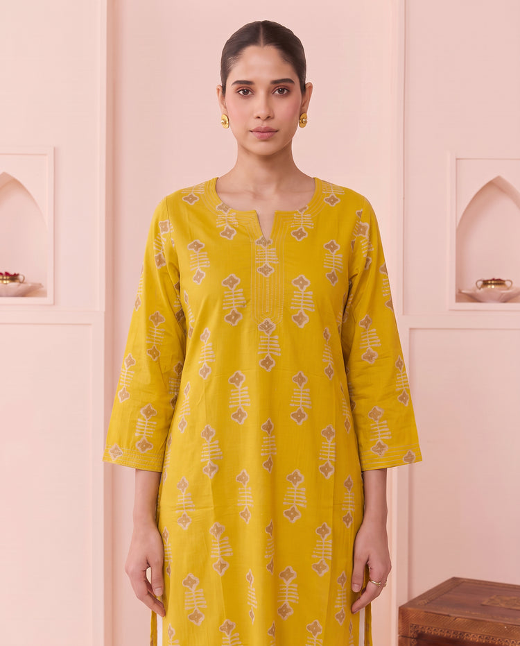 Mustard Geometric Motif Pure Cotton Kurta