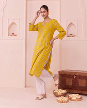 Mustard Geometric Motif Pure Cotton Kurta
